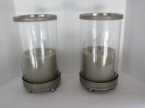 Pair - Footed Metal Base Pillar Candle Stands w/ Cylindrical Glass Hurricane Shade