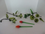 4 Olive Art Glass Mid-Century Style Stemmed Flowers
