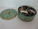 Wow! Vintage Daher Covered Round Tin Embossed Design w/ Misc. Buttons