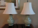 Pair - Celadon Vase Form Table Lamps w/ Ornament Temple Guardian Accent