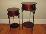 Pair - Cherry Finish Round Graduating Height Accent Tables w/ Drawer & Base Shelf