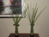 Pair - Aquatic Plants Arrangement Horsetail Reed & Waterlily Leaves in Clear Base