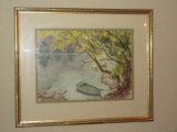 Shoreline w/ Boat Tied to Tree Original Watercolor Attributed to E. Sandels
