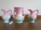 3 Vintage Hull Art Pottery 2 Small Pitchers L-3-5 1/2 1 Tall Wide-Narrow-Wide Vase L-4-6 1/2