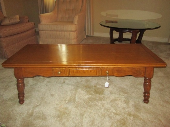 Vintage Wooden Long Center Coffee Table, Grooved Top, Spindle Legs, Square Panel Drawer