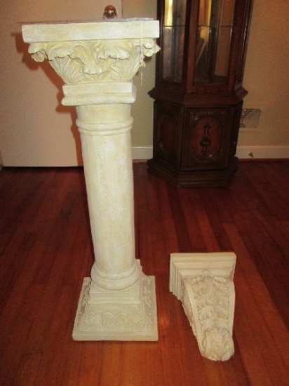 Faux Grecian Column w/ Acanthus Leaf Top, Curled/Scroll Pattern Base, Glass Top