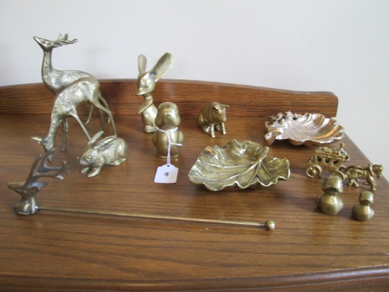 Brass Lot - 3 Brass Ducks, Stag, Deer, Leaf Dishes, Rabbit, Stag Candle Snuffer, Etc.