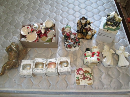 Christmas Lot - Ornaments, Ceramic Décor, Divided Dish, Candles, Etc.