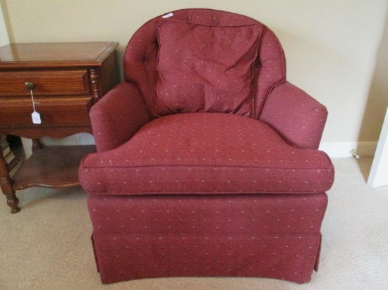 Red Upholstered, Curved Back Arm Chair Narrow Wood Feet w/ Cushion