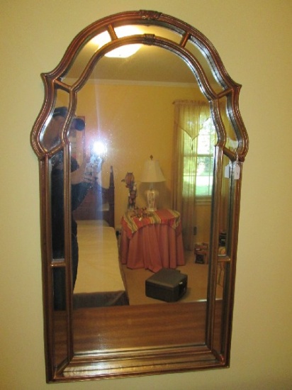 Wall Mounted Mirror Gilted Wooden Frame Curved Top, Bracket Design, Square Base