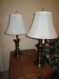 Pair - Brass Urn/Spindle Design Lamps w/ White Shade, Hoop Finial Top