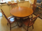 Wooden Dining Table w/ 4 Dining Chairs Round/Extendable on Twin Pedestal Base