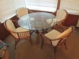 Patio Glass Top Round Table Wooden Stand w/ 4 Lattice Style Wooden Chairs