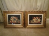 Pair - Fruit in Bowls Picture Prints in Ornate Teardrop/Bead Trim Wood Frames/Matts