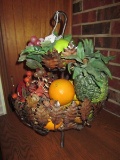 Metal 2-Tier Leaf Design Fruit Basket w/ Faux Fruit