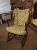 Wooden Rocker Slat Back/Slat Scroll Arms Cushioned Back/Seat Spindle Legs