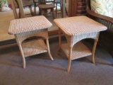 Pair - 2 Tier Wicker Side Tables Wooden Legs