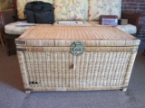 Wicker/Wooden Chest Dove-Cut Design Brass Handles Clasp/Sides