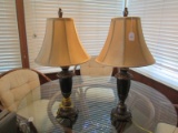 Pair - Urn Design Black/Gilted, Floral Trim Lamps Urn Finial Top w/ Shade