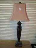 Tall Black Acanthus Leaf Design Lamp Tan/Pink Shade Acanthus Finial