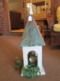 Tall White Wooden Birdhouse w/ Antique Patina Top Ball Finial w/ Faux Nest w/ Rabbit