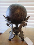 Metal Antique Patina Décor Ball on Curled Leaf 3 Prong Stand