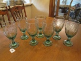 7 Green Fruit/Grape Pattern Glass Goblets on Pontil Base