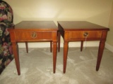 Pair - Wooden Hepplewhite Style Side Tables 1 Drawer Brass Ring Pull Narrow Legs