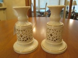 Pair - Lenox Cream/Gilt Trim Candle Holders Lattice Pierced Body