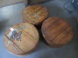 3 Wooden Cheese Wheel Storage Boxes, 2 w/ Butterfly, 1 w/ Grape Motif Hand Painted