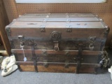 Vintage Wooden Storage Chest Metal Clasps, Leather Belt Strap/Handles