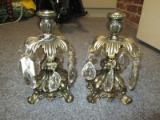 Pair - Brass Ornate Acanthus Leaf Design Candle Holders w/ Clear Plastic Prisms