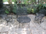 Amazing Lot - Black Metal Patio Rocker Bench, 2 Chairs, 1 Round Patio Table, Curled Legs