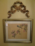 Vintage Chinese Paint on Silk Bird in Cherry Blossom Branch in Gilted Wooden Frame/Matt