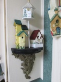 Lot - 3 Wooden Décor Bird Houses w/ Black Wood Shelving Brass Scroll/Floral Sconce Motif
