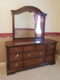 9 Drawer Wooden Dresser w/ Attached Mirror Batwing Brass Pulls, Bracket Feet