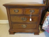 Dark Wooden Side Table 3 Drawers w/ Bracket Feet Brass Batwing Pulls, Panel Back