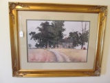 Vintage Country Home Picture Print in Gilted Wooden Frame/Matt w/ Floral Motif Corners