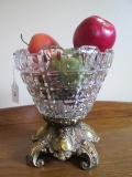 Square Cut Glass Fruit Bowl Circle/Cross Pattern w/ Ornate Scroll/Curled Brass Base