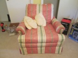 Pink, Yellow, Green, Stripe Pattern Upholstered Arm Chair w/ Bow Cushion