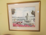 Fountain/Waterfront Scene Picture Print J.R.M. Silver in Gilted Wooden Frame/Matt
