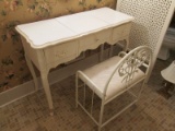 White Wooden Vanity 3 Drawers w/ Metal Chair, Vanity Metal Pulls, Curved Trim Top