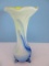 Hand Blown Case Art Glass Bud Vase w/ Flared Rim Cobalt, White & Yellow Abstract Pattern