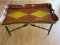 Black Lacquer Bamboo Style Folding Coffee Table Base w/ Harlequin Pattern Handled Tray Top