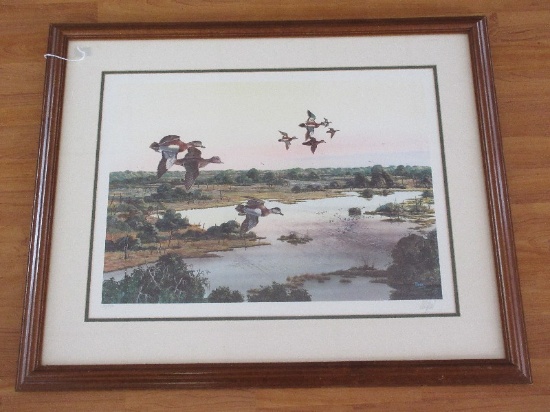 Ducks in Flight Bayou Landscape Scene Artist Signed Thomas Blinks Lithograph