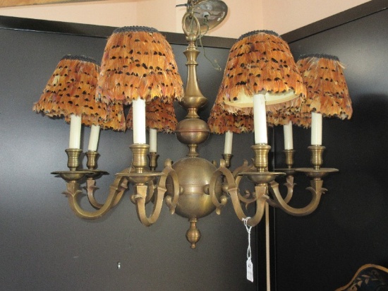 Chippendale Style 8 Arm Candlestick Chandelier w/ Pheasant Feathers Shades