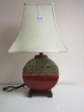 Chinoiserie Style Disc Form Vessel Table Lamp Maroon Glaze/Marble Veneer