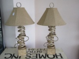 Pair - Wrought Iron Contemporary Modern Stacked Rings Design Table Lamps on Block Base