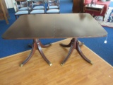 Duncan Phyfe Style Mahogany Double Pedestal Table w/ Brass Cap Feet