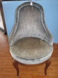 French Inspired Curved Back Slipper Chair Crushed Velvet Upholstery & Wood Trim